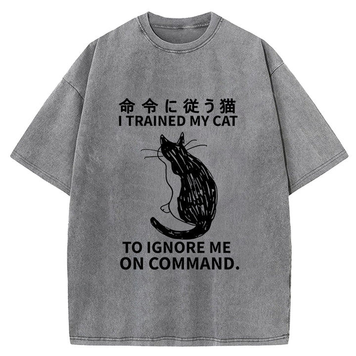 Cat Obeying Orders Washed Crew Neck T-Shirt