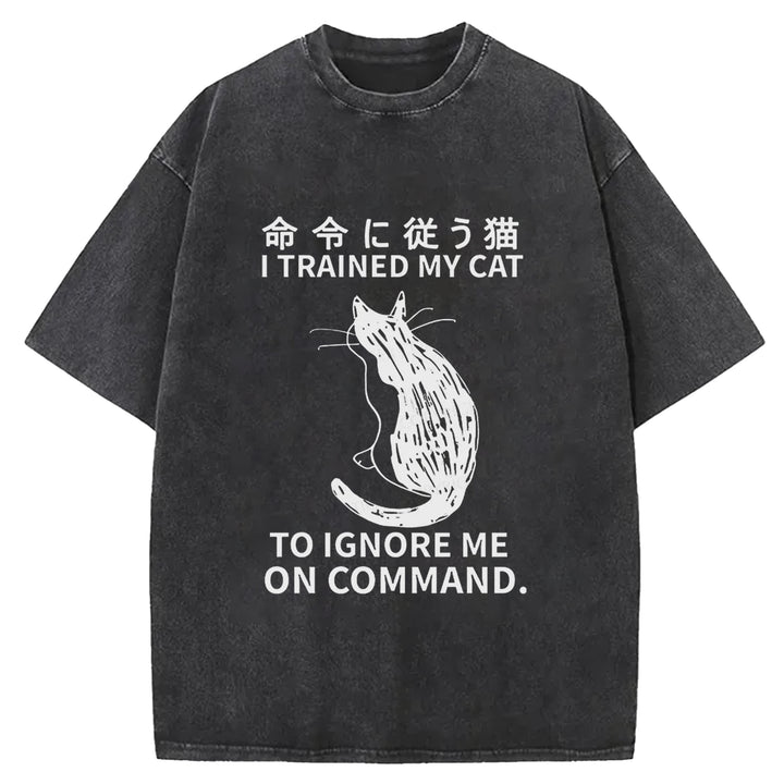 Cat Obeying Orders Washed Crew Neck T-Shirt