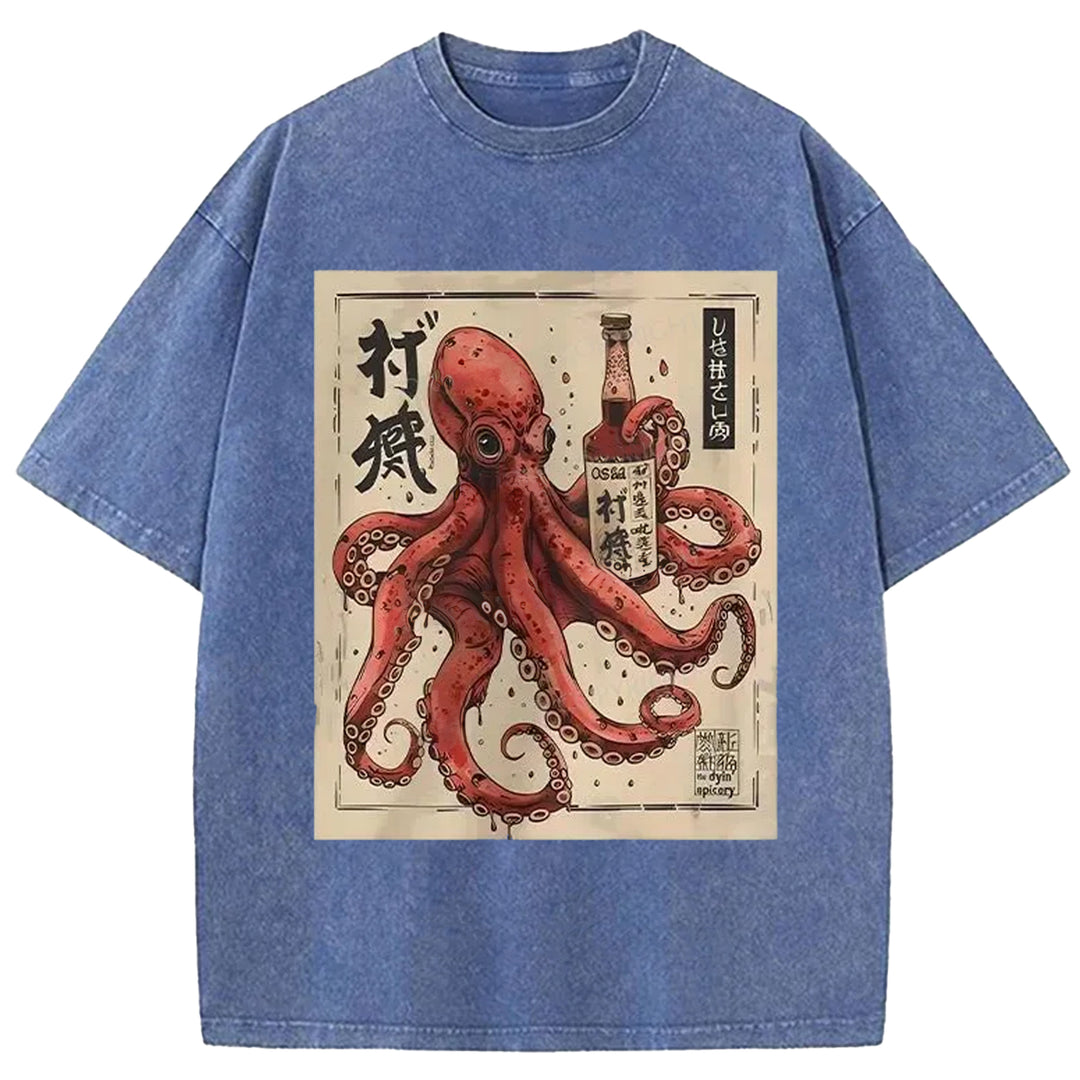Octopus Drinking Washed Crew Neck T-shirt