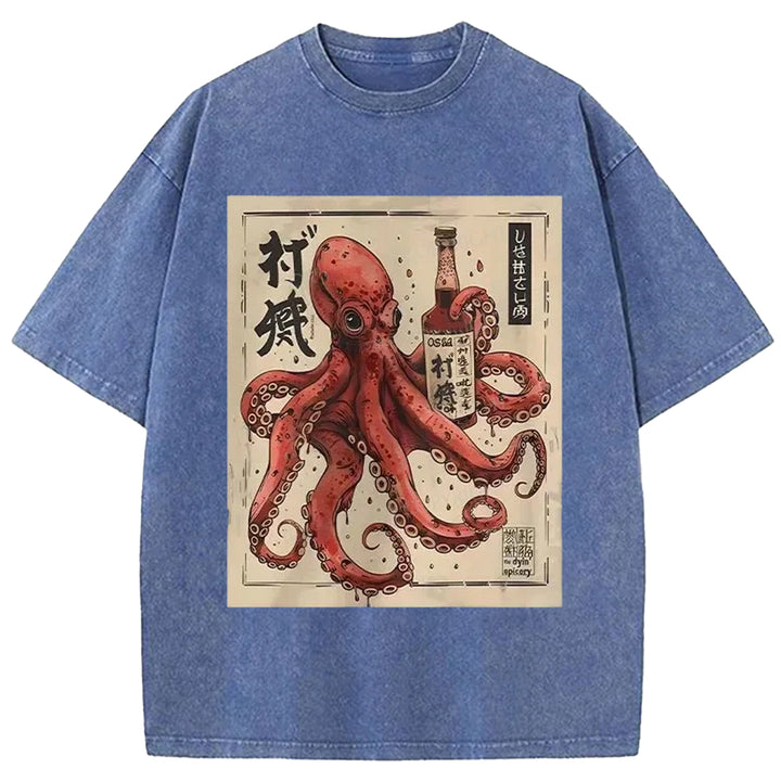 Octopus Drinking Washed Crew Neck T-shirt