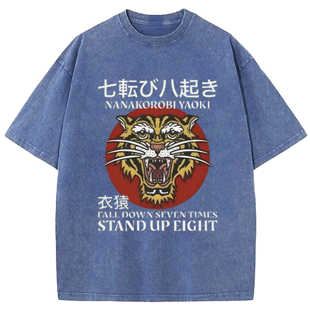 Tiger Head Pattern Washed Crew Neck T-Shirt