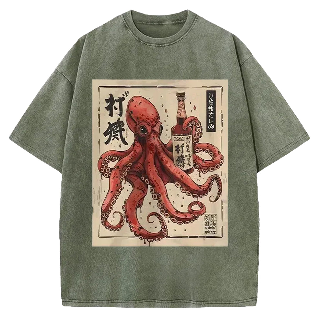 Octopus Drinking Washed Crew Neck T-shirt