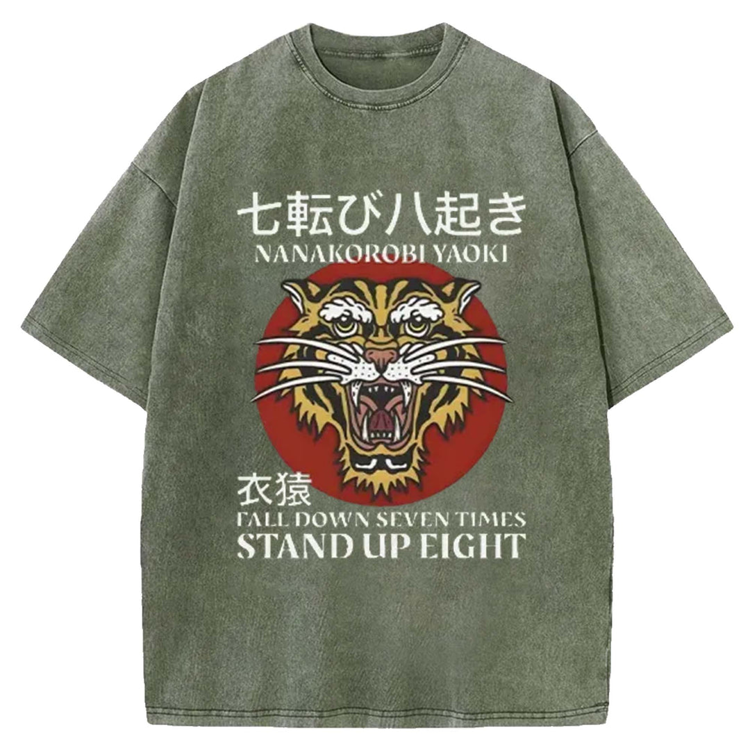 Tiger Head Pattern Washed Crew Neck T-Shirt