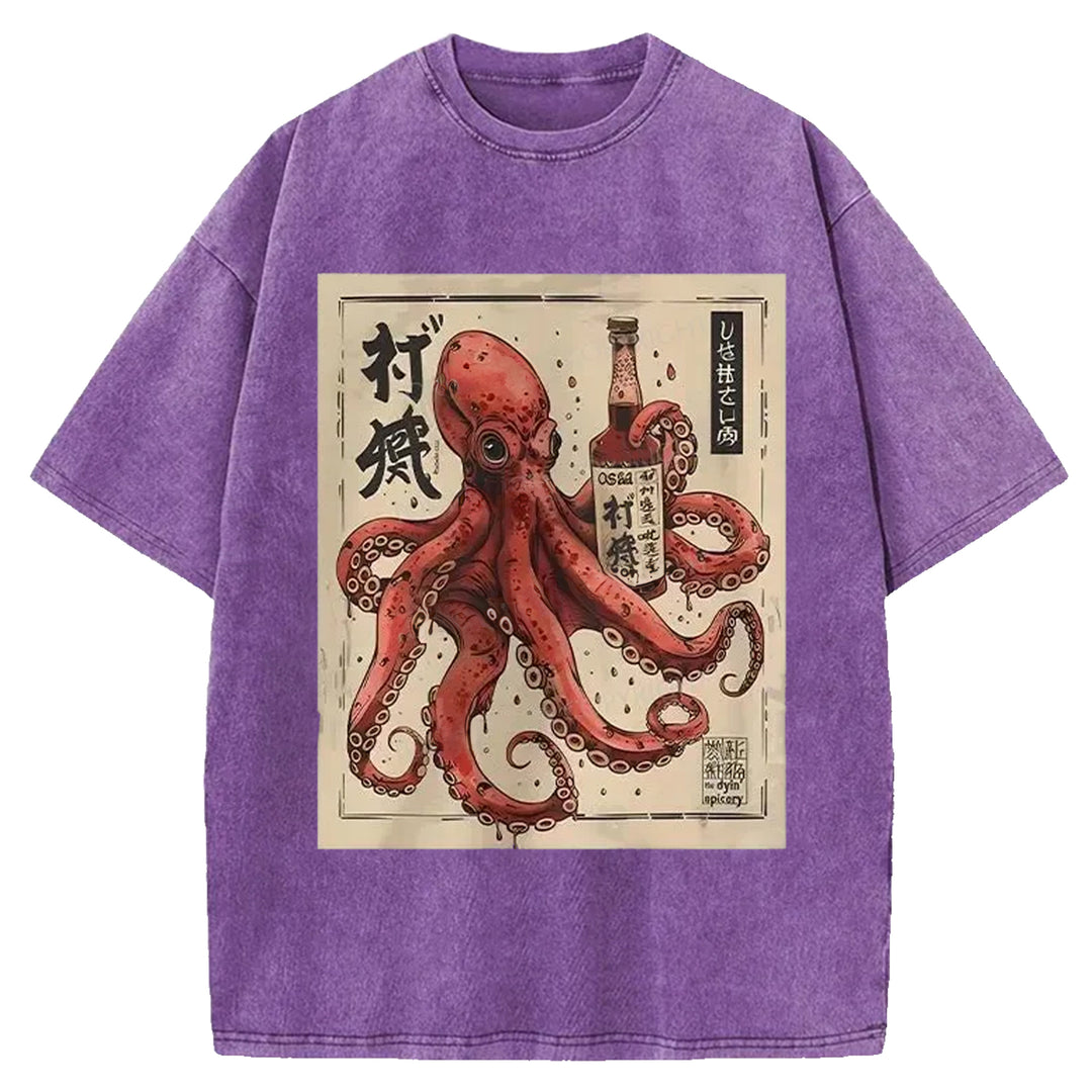 Octopus Drinking Washed Crew Neck T-shirt