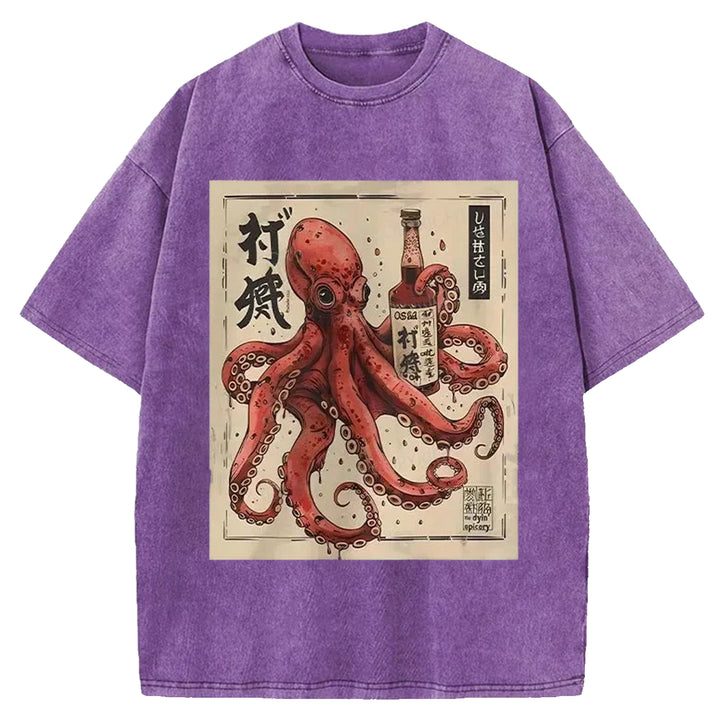 Octopus Drinking Washed Crew Neck T-shirt