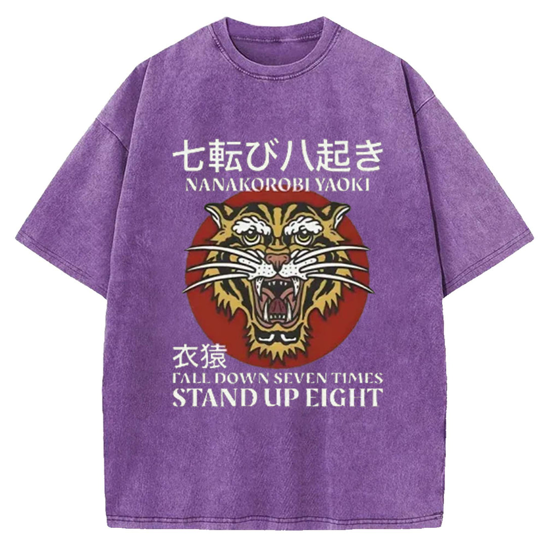 Tiger Head Pattern Washed Crew Neck T-Shirt