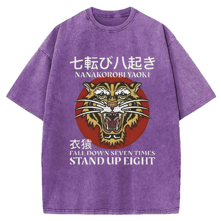Tiger Head Pattern Washed Crew Neck T-Shirt