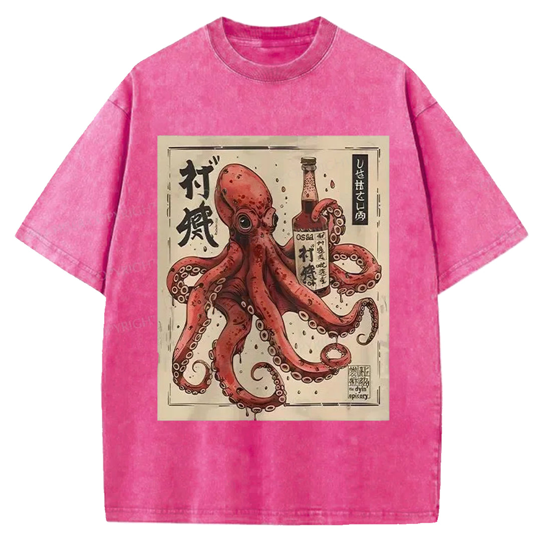 Octopus Drinking Washed Crew Neck T-shirt