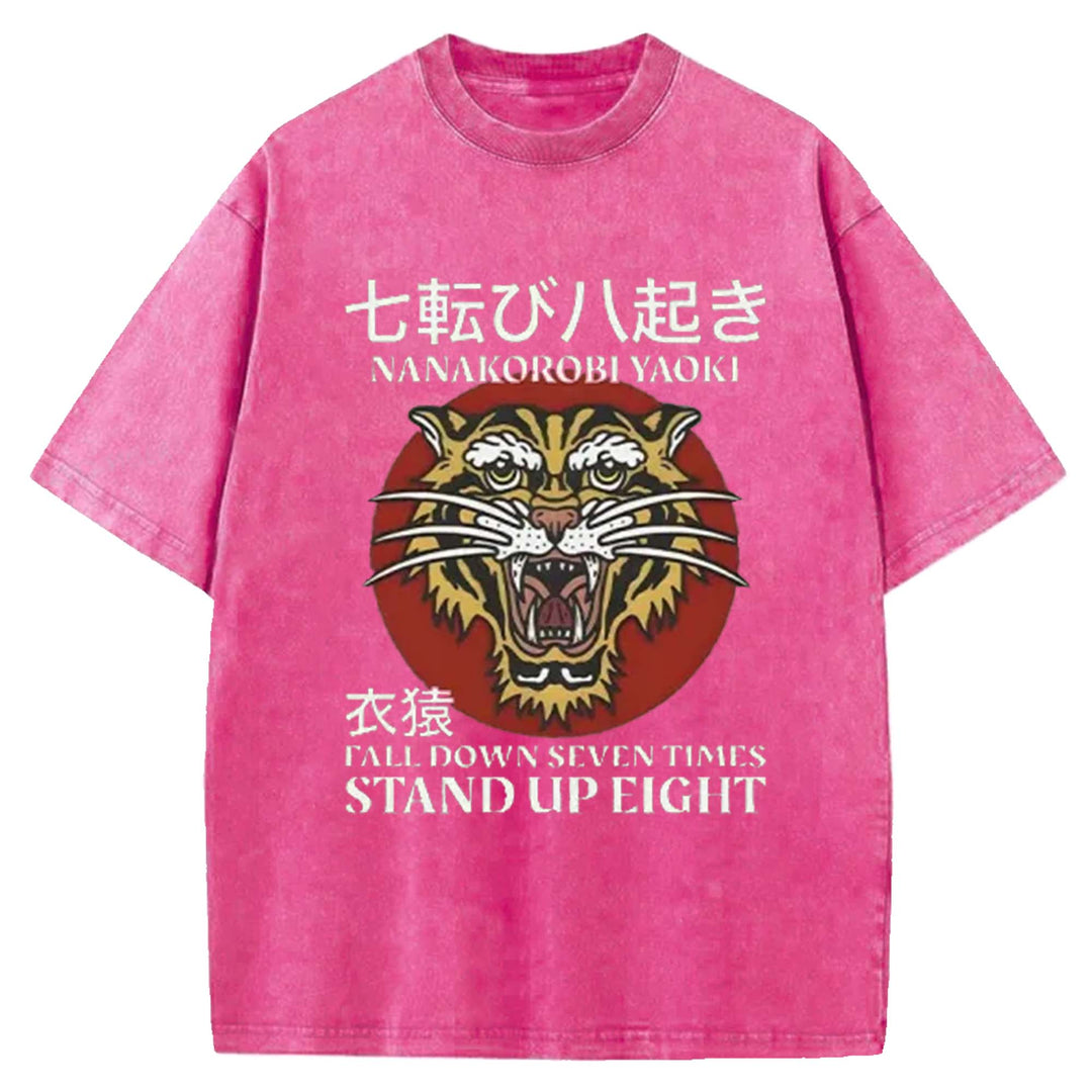 Tiger Head Pattern Washed Crew Neck T-Shirt