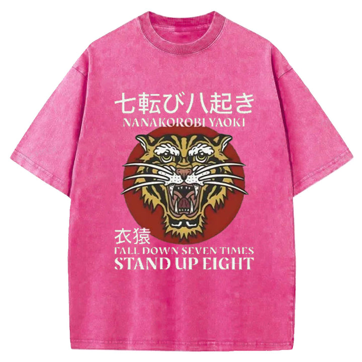 Tiger Head Pattern Washed Crew Neck T-Shirt