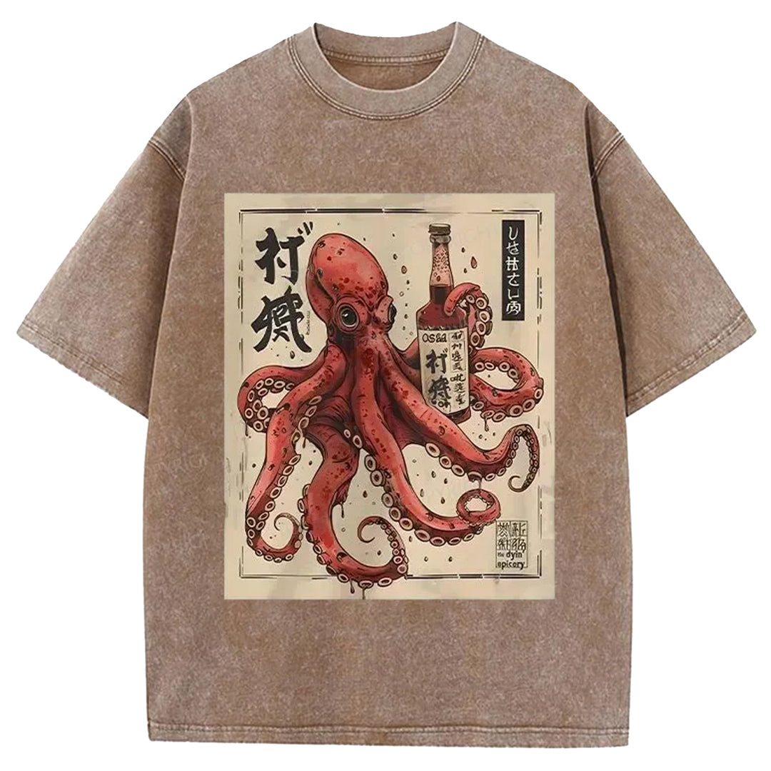 Octopus Drinking Washed Crew Neck T-shirt