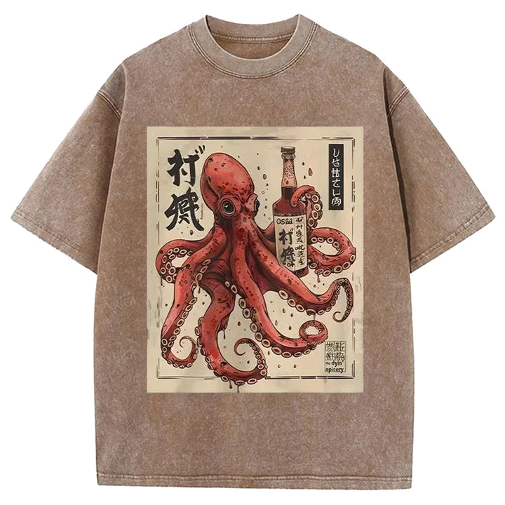 Octopus Drinking Washed Crew Neck T-shirt