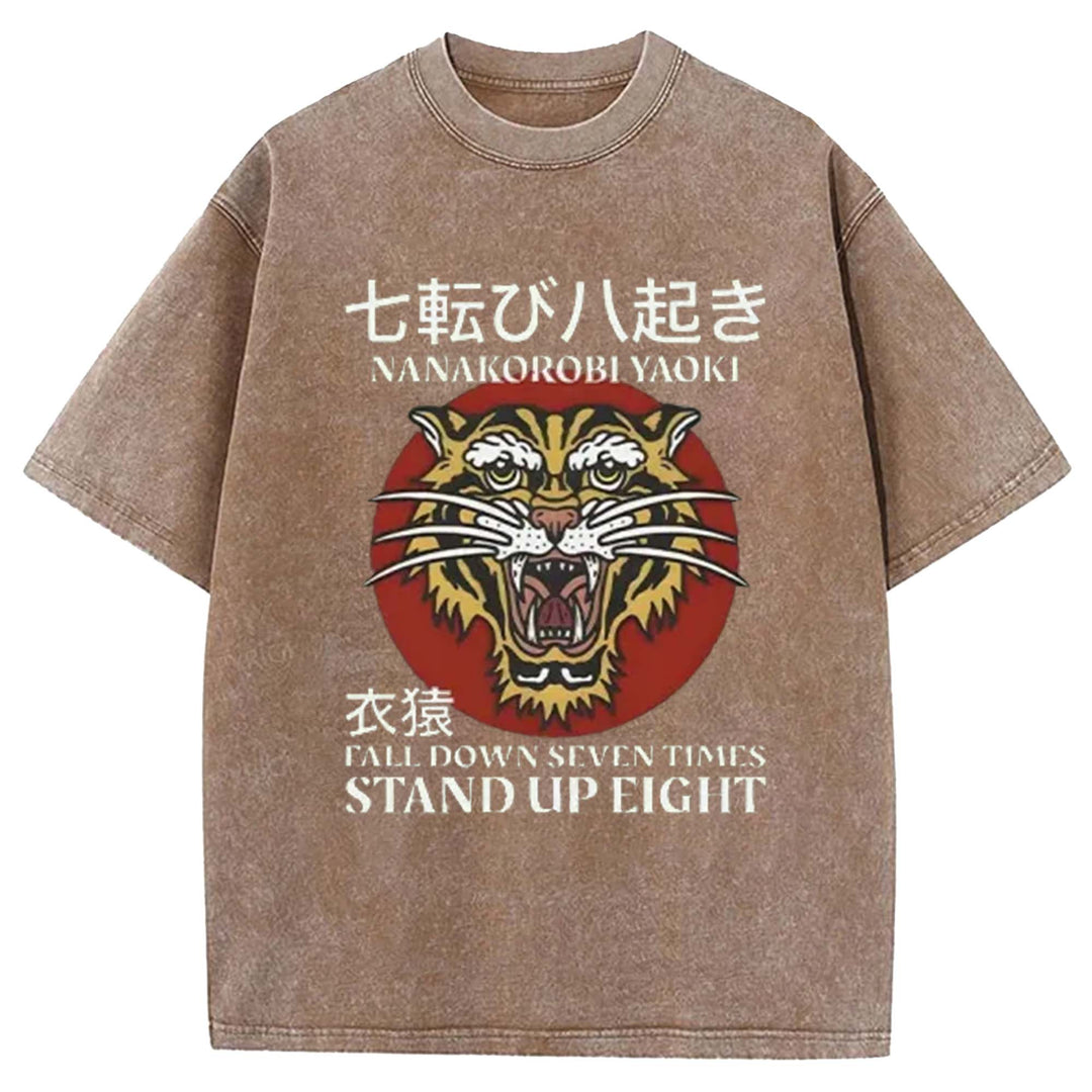Tiger Head Pattern Washed Crew Neck T-Shirt