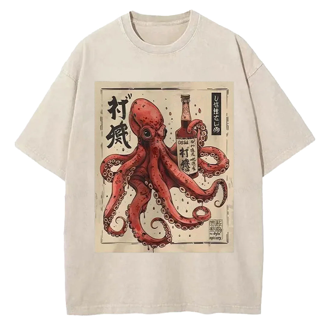 Octopus Drinking Washed Crew Neck T-shirt
