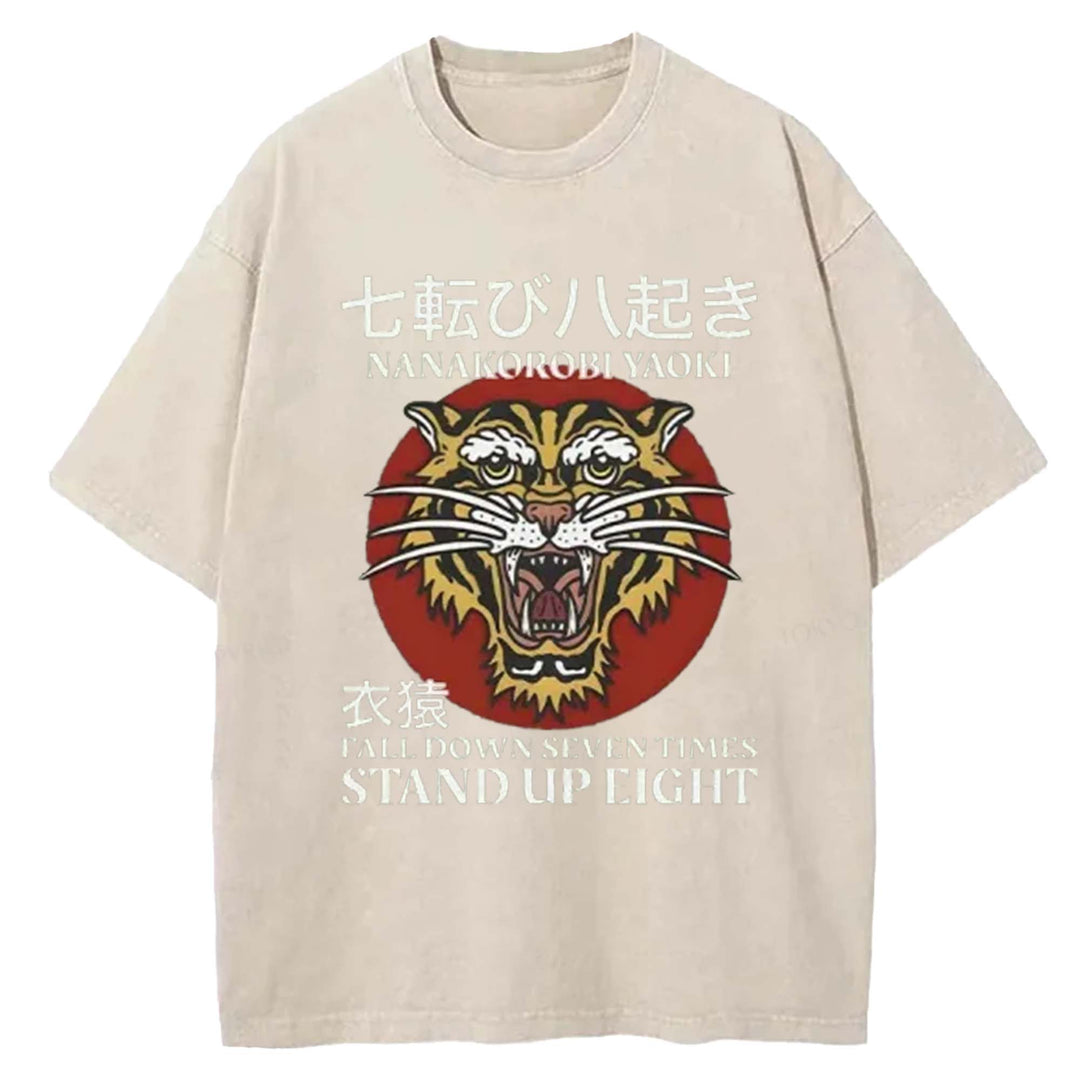 Tiger Head Pattern Washed Crew Neck T-Shirt