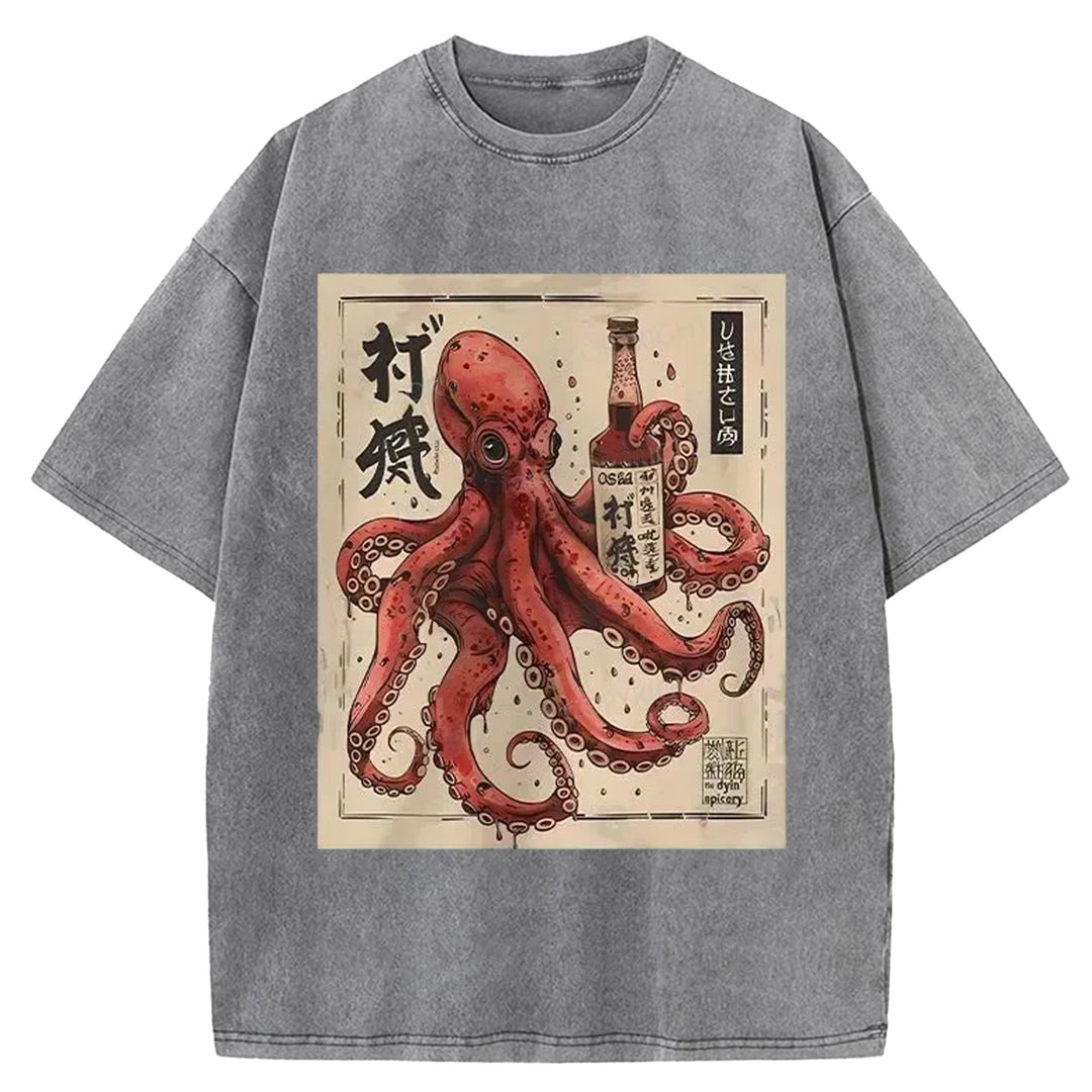 Octopus Drinking Washed Crew Neck T-shirt