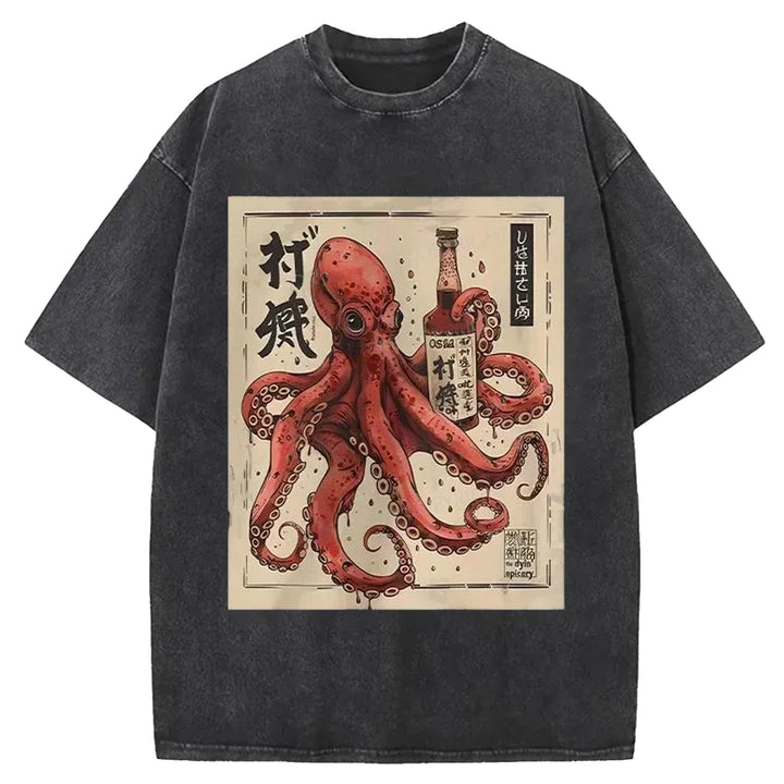 Octopus Drinking Washed Crew Neck T-shirt