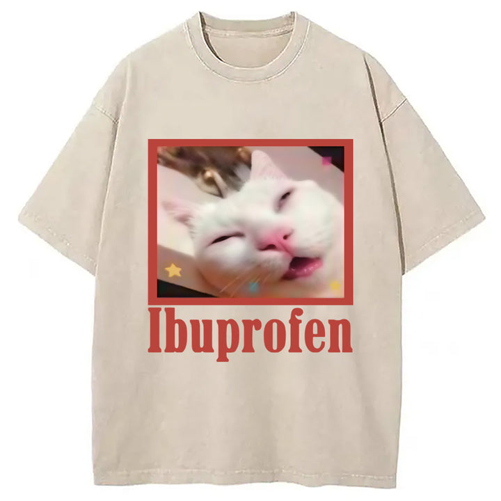 Ibuprofen Meme Cat Benny Cute Washed Crew Neck T-Shirt