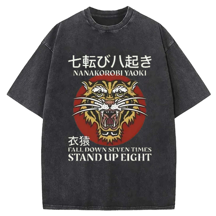 Tiger Head Pattern Washed Crew Neck T-Shirt