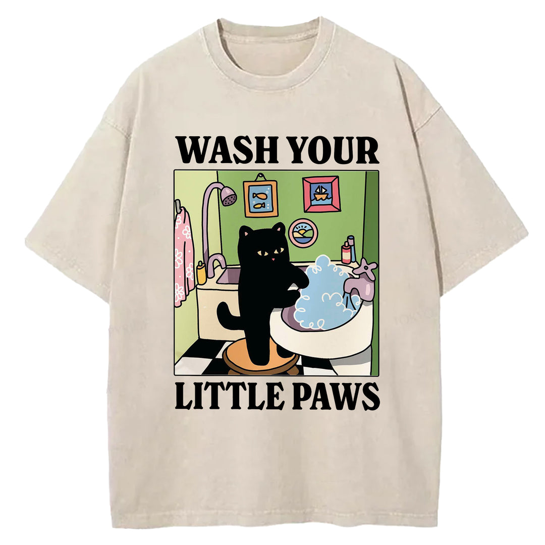 Wash Your Little Paws Vintage Design Washed Crew Neck T-Shirt