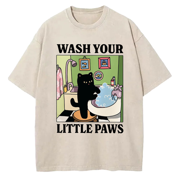 Wash Your Little Paws Vintage Design Washed Crew Neck T-Shirt