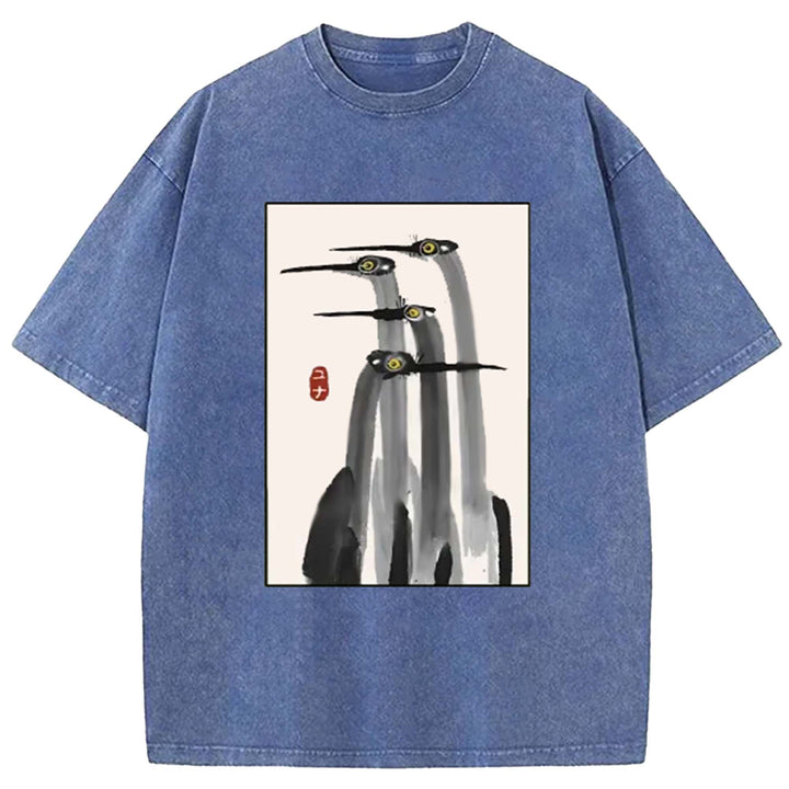 Japanese Crane Art Washed Crew Neck T-Shirt