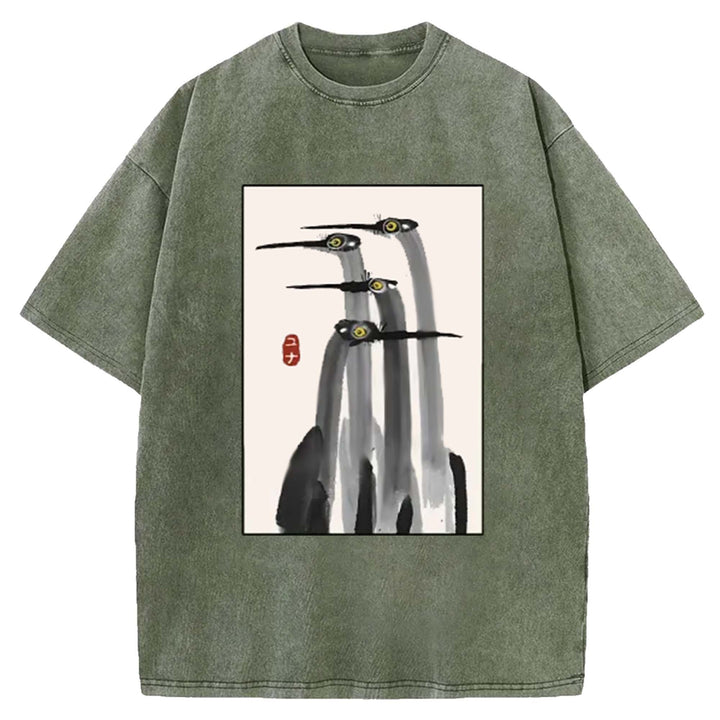 Japanese Crane Art Washed Crew Neck T-Shirt
