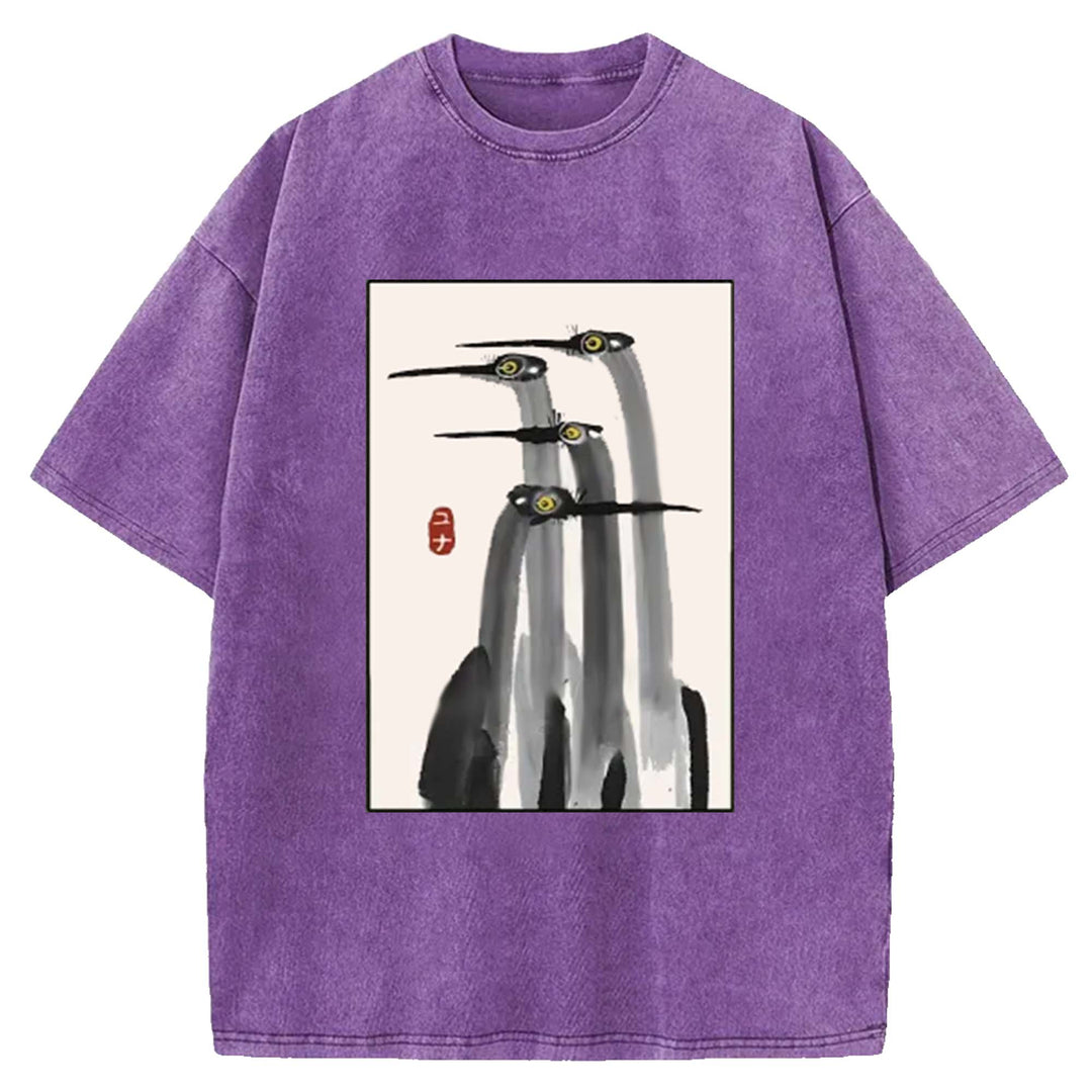 Japanese Crane Art Washed Crew Neck T-Shirt