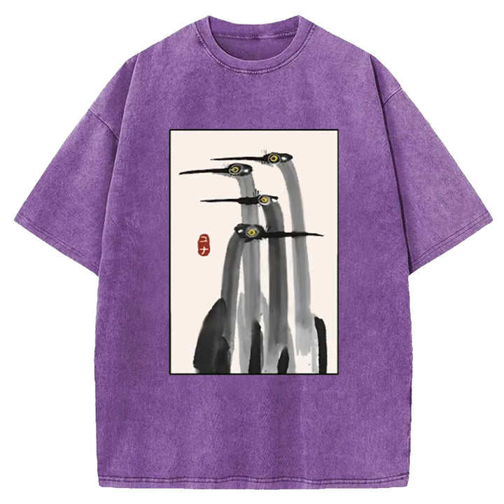 Japanese Crane Art Washed Crew Neck T-Shirt