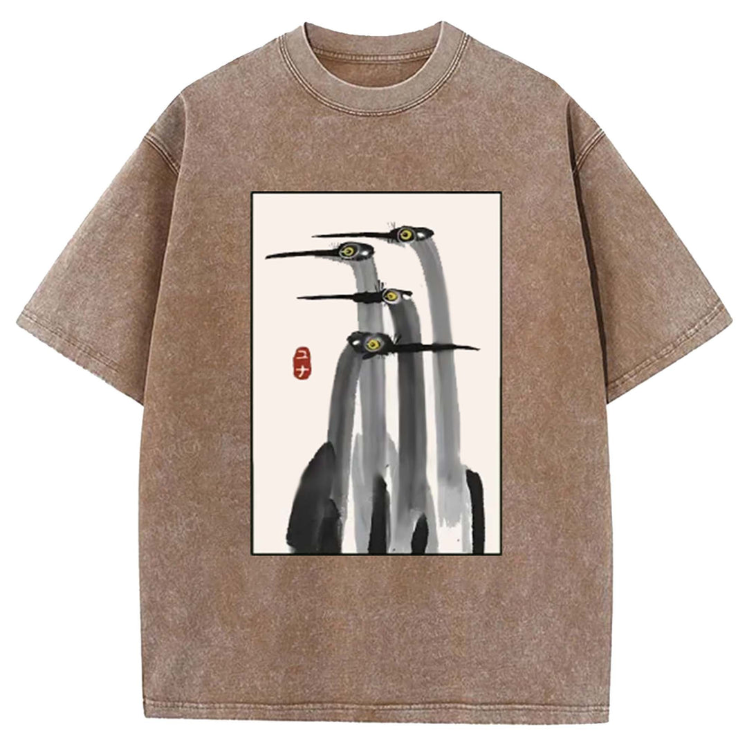Japanese Crane Art Washed Crew Neck T-Shirt