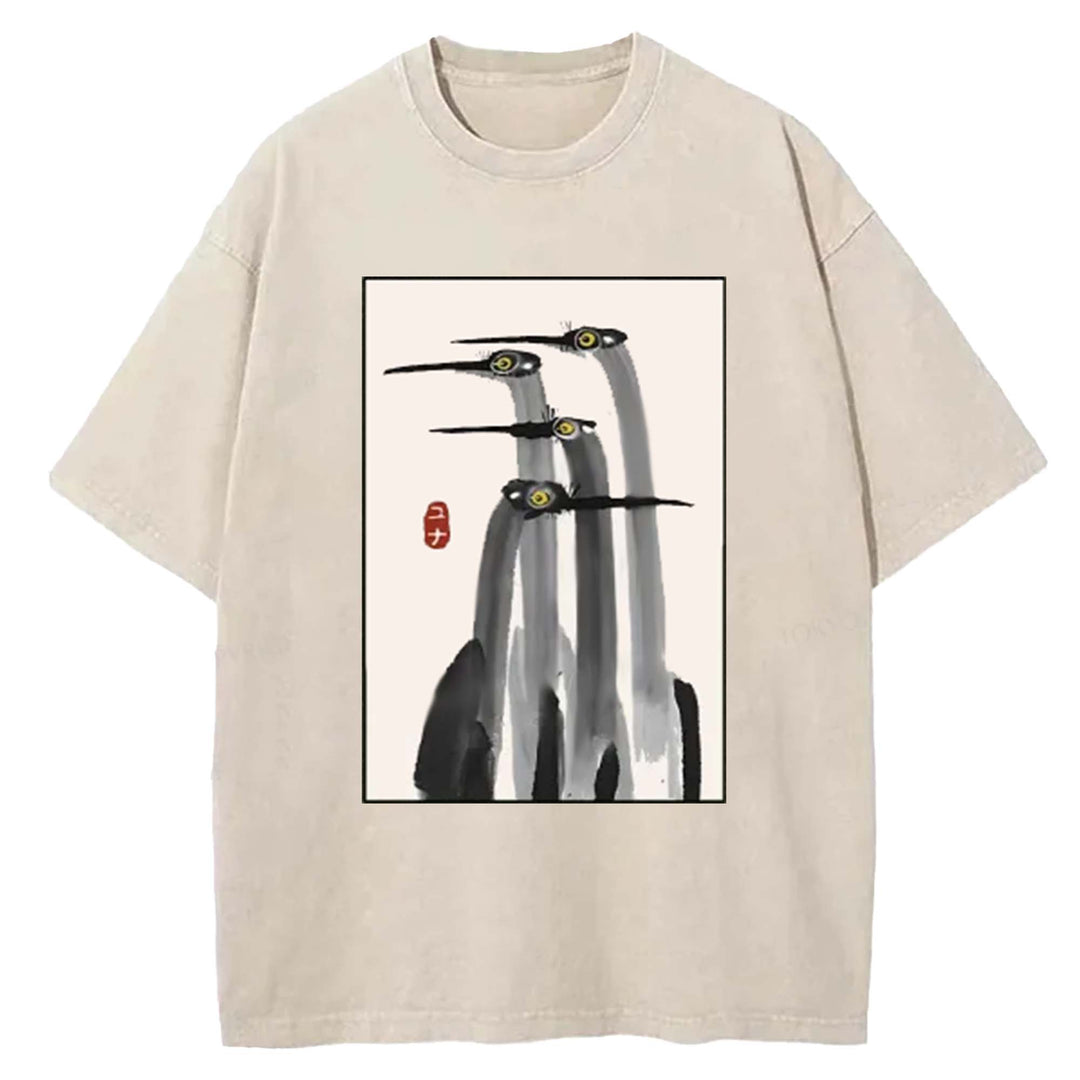 Japanese Crane Art Washed Crew Neck T-Shirt