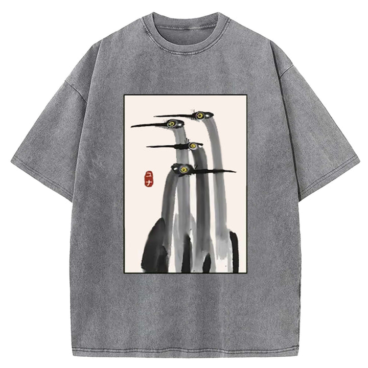 Japanese Crane Art Washed Crew Neck T-Shirt