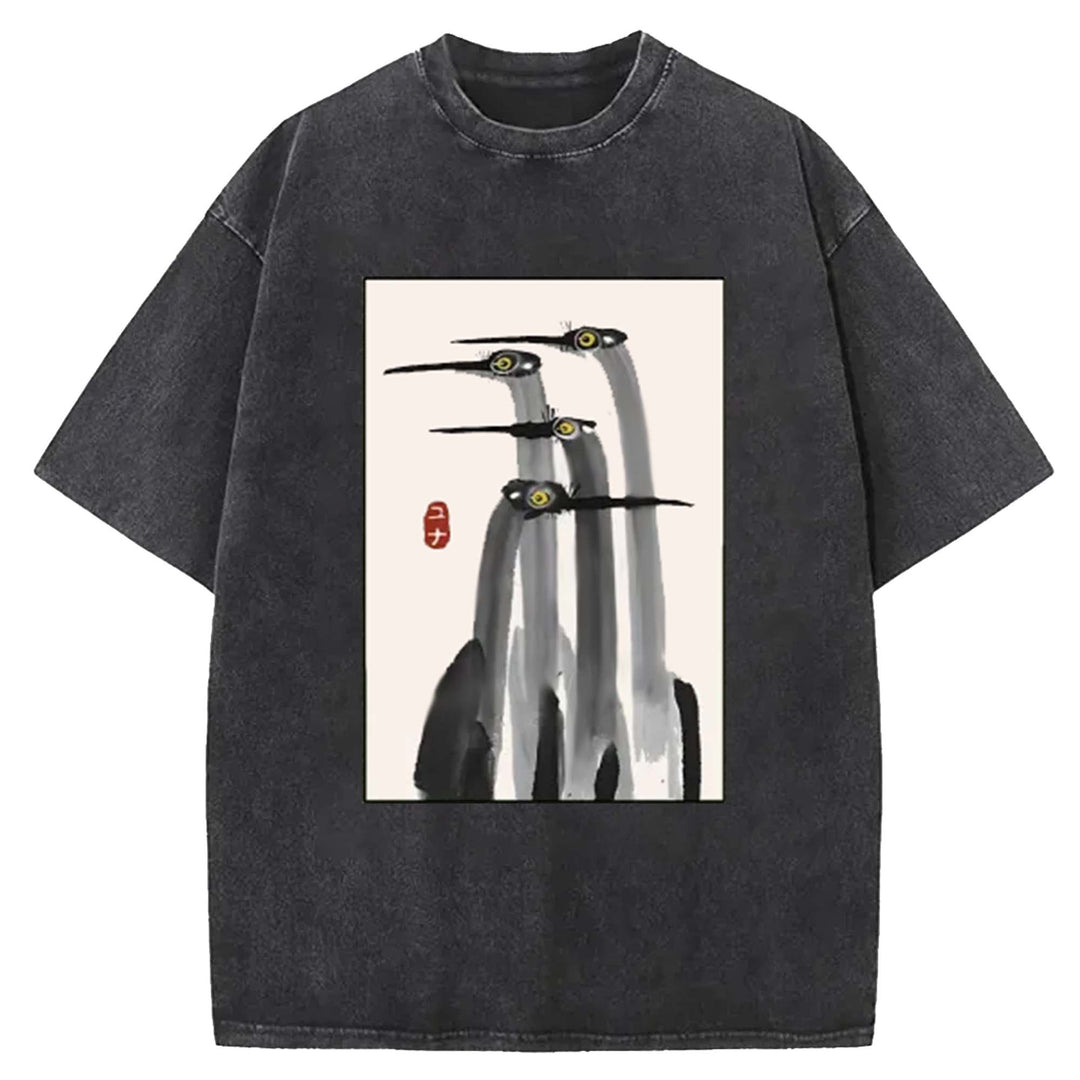 Japanese Crane Art Washed Crew Neck T-Shirt