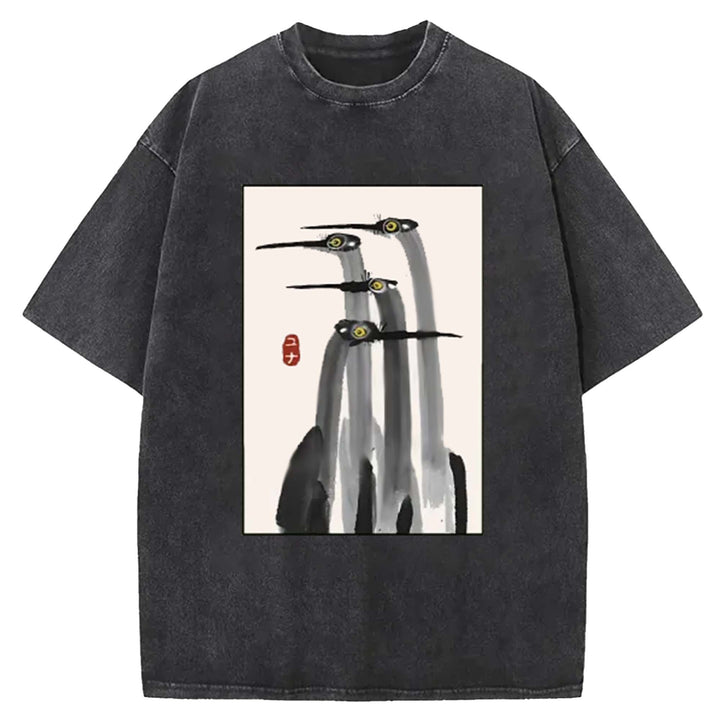 Japanese Crane Art Washed Crew Neck T-Shirt