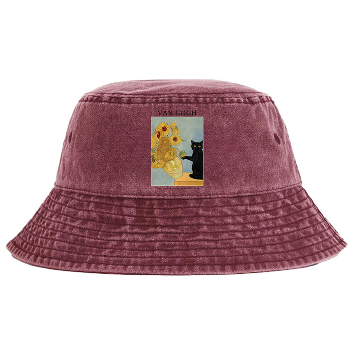 Black Cat With Sunflowers Washed Bucket Hat