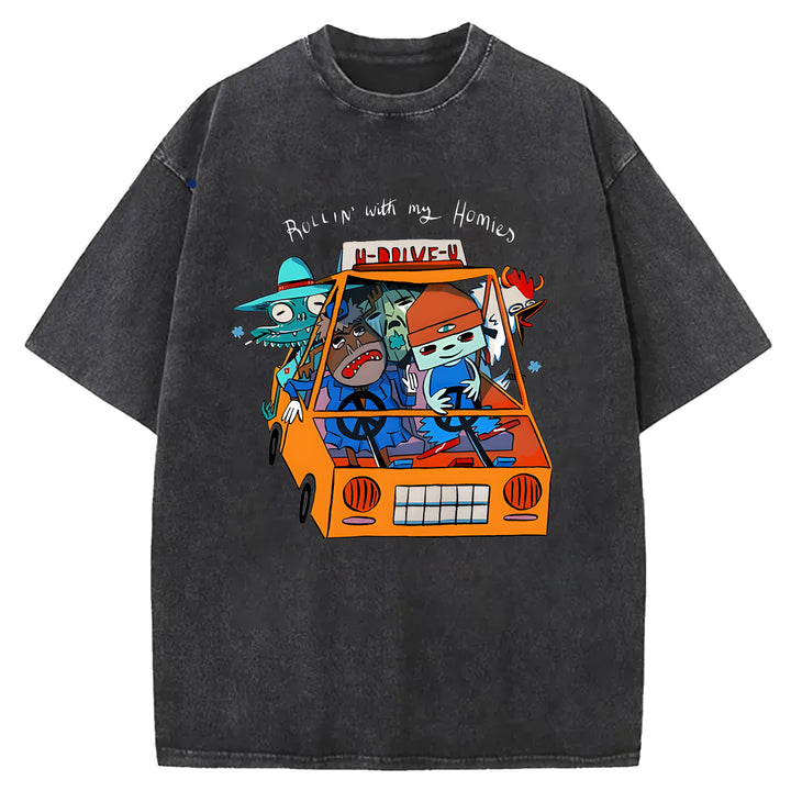 Parappa The Rapper Vintage Design Washed Crew Neck T-Shirt