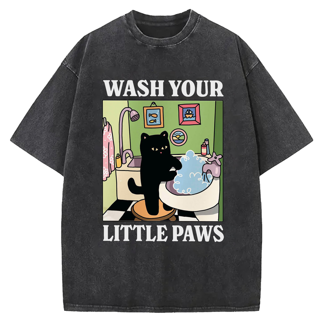 Wash Your Little Paws Vintage Design Washed Crew Neck T-Shirt