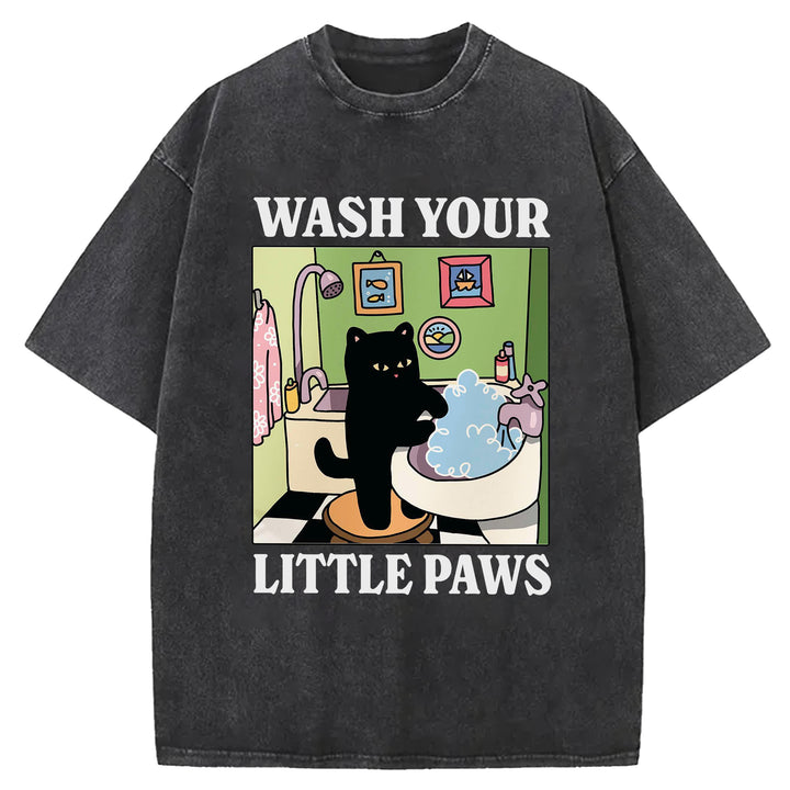 Wash Your Little Paws Vintage Design Washed Crew Neck T-Shirt