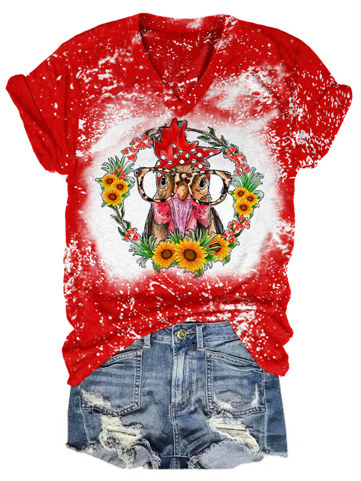 Sunflower Chicken Print V-Neck T-Shirt