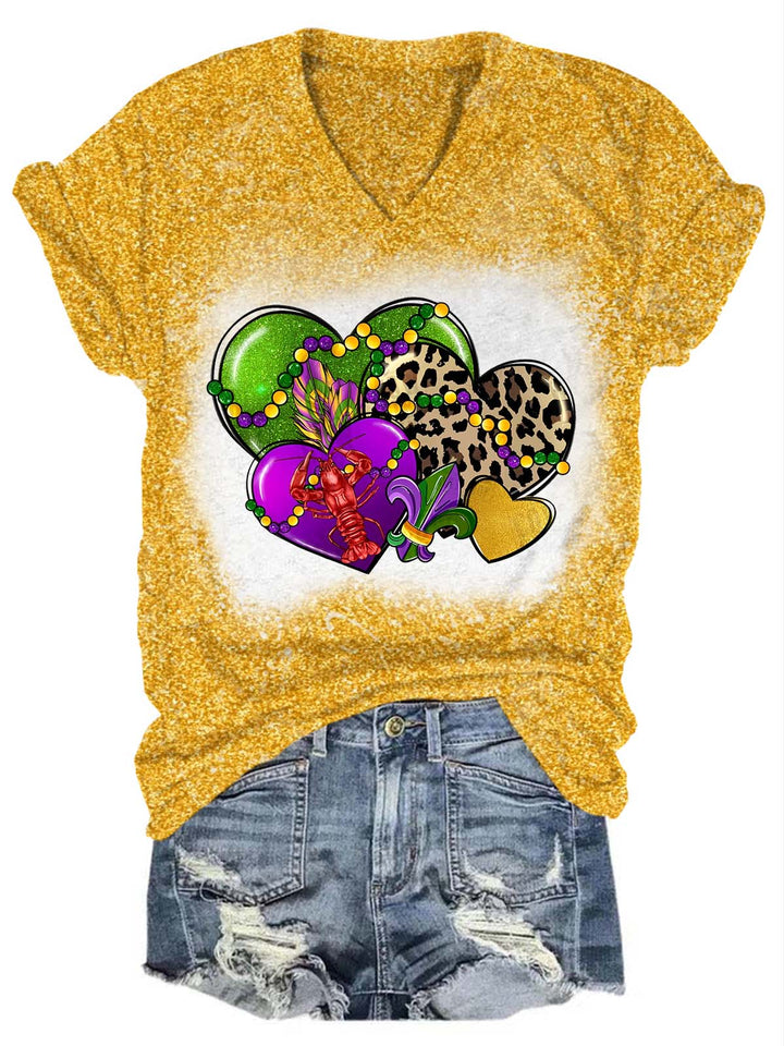 Heart Leopard Mardi Gras Glitter V-Neck T-Shirt