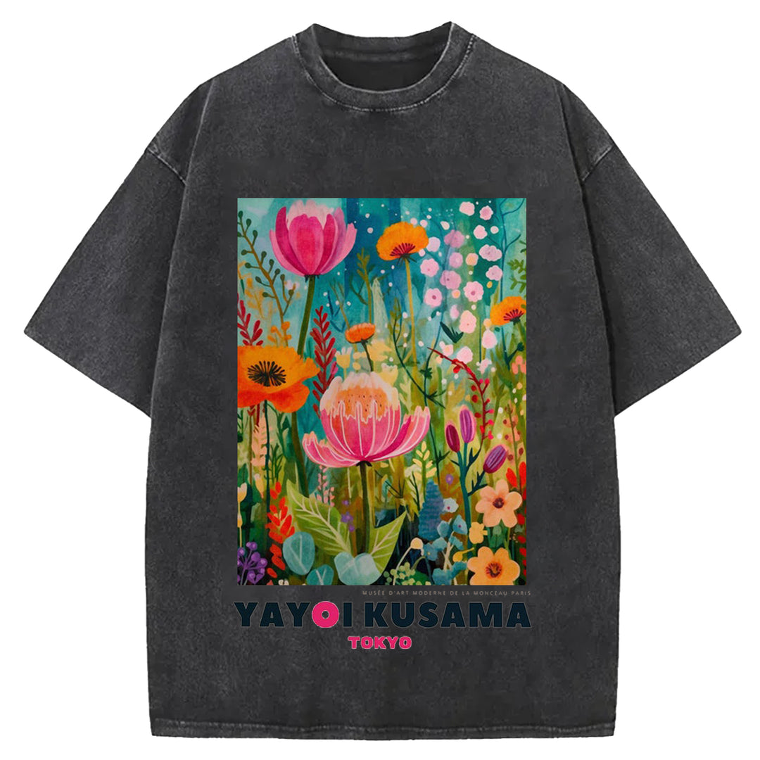 Yayoi Kusama Flower Vintage Japanese Design Washed Crew Neck T-Shirt