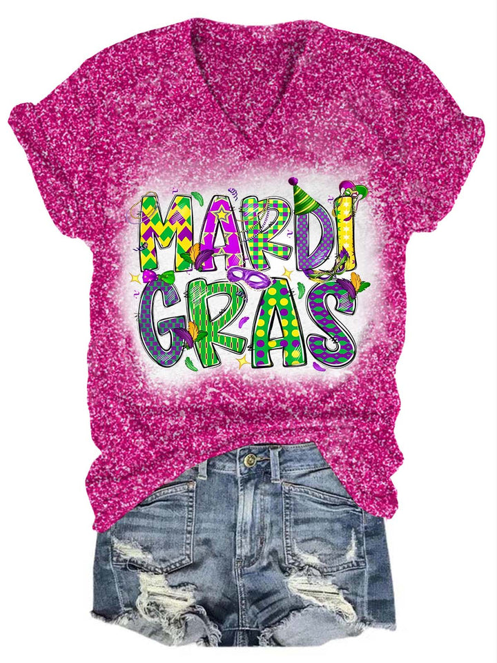 Happy Mardi Gras Glitter V-Neck Tee