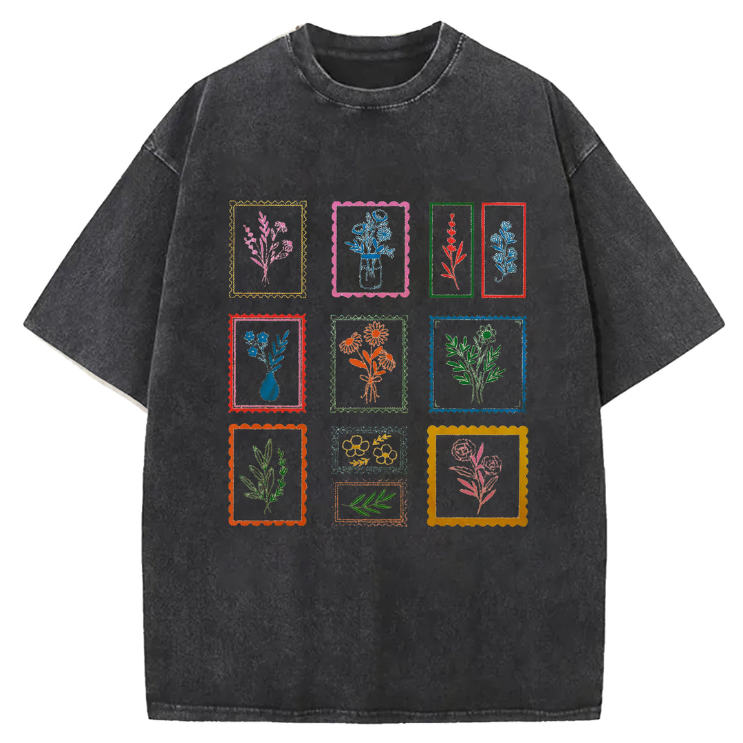 Vintage Flower Design Washed Crew Neck T-shirt