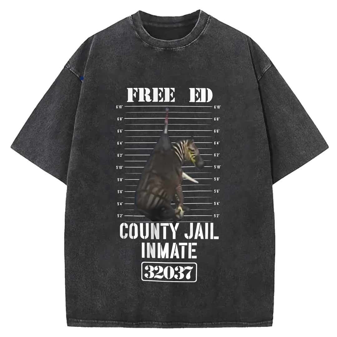 Funny Zebra Mugshot Washed Crew Neck T-Shirt