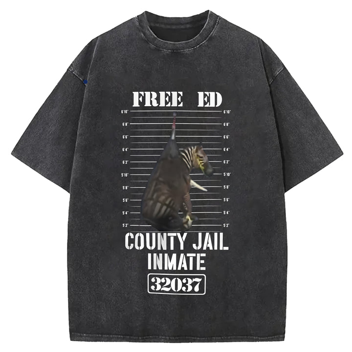 Funny Zebra Mugshot Washed Crew Neck T-Shirt
