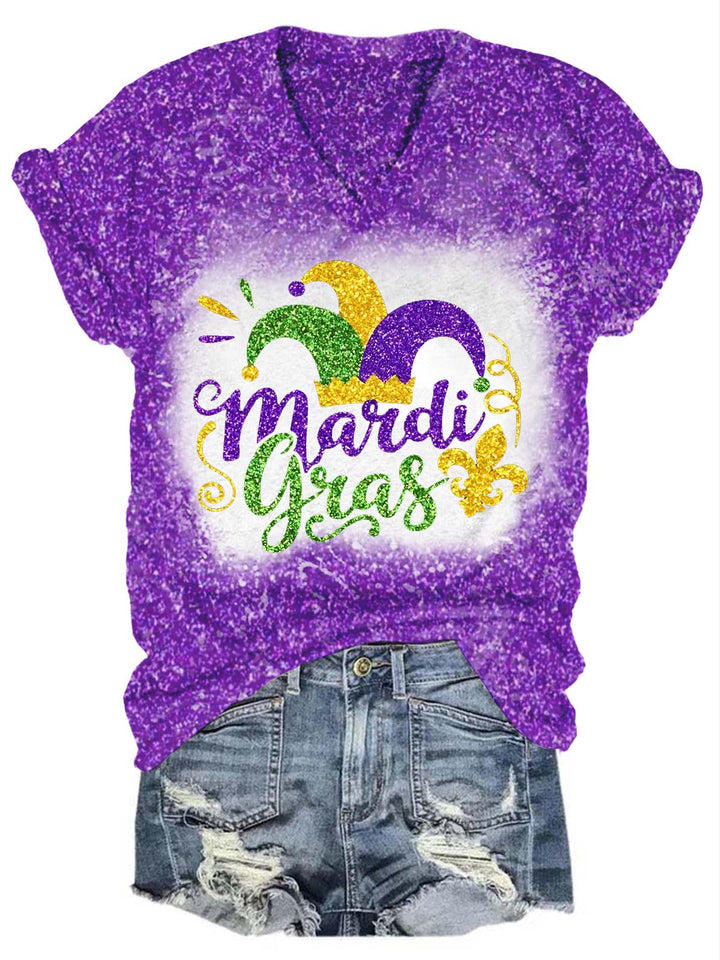 Mardi Gras Fat Tuesday Glitter V-Neck T-Shirt