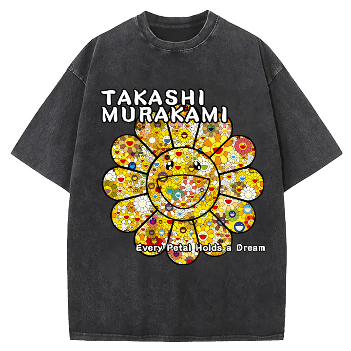 Takashi Murakami Flowers Vintage Design Washed Crew Neck T-Shirt
