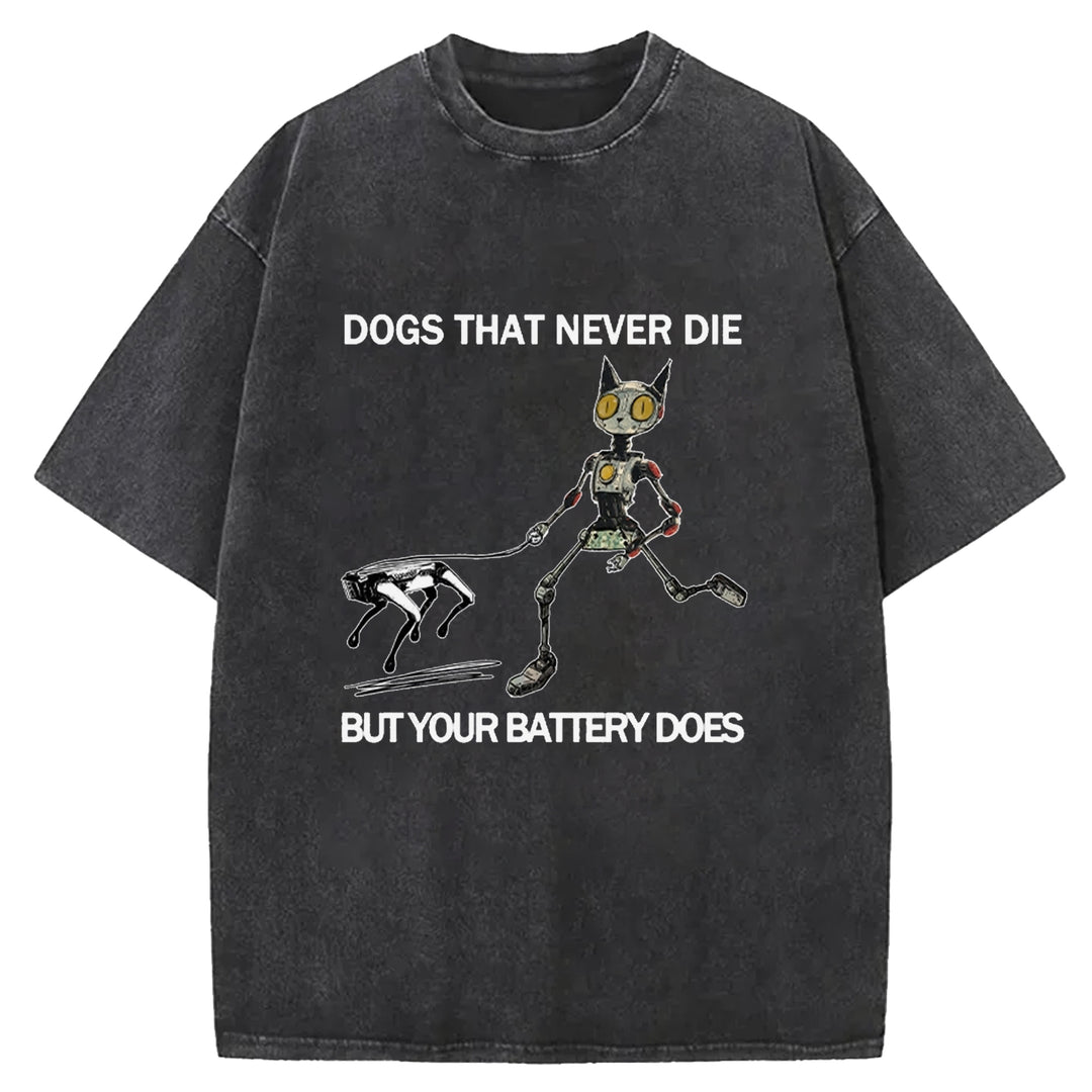 Funny Robot Cat Walking Robot Dog Washed Crew Neck T-Shirt