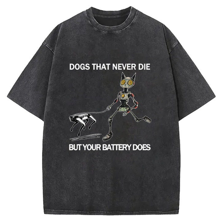 Funny Robot Cat Walking Robot Dog Washed Crew Neck T-Shirt