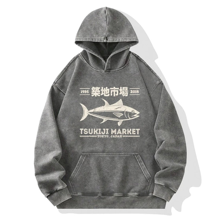 Retro Tsukiji Fish Market Streetwear Tokyo Washed Hoodie